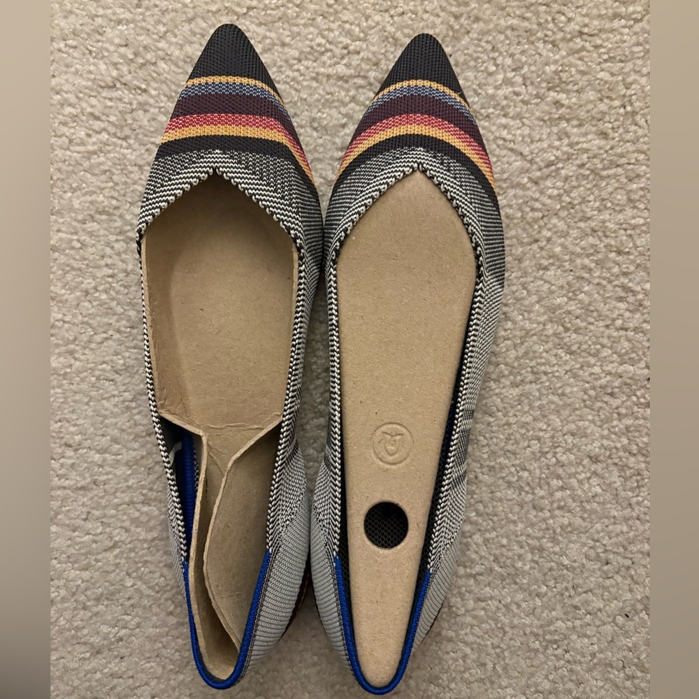 Rothy's The Point II Black and Multicolor Striped Flats NWT